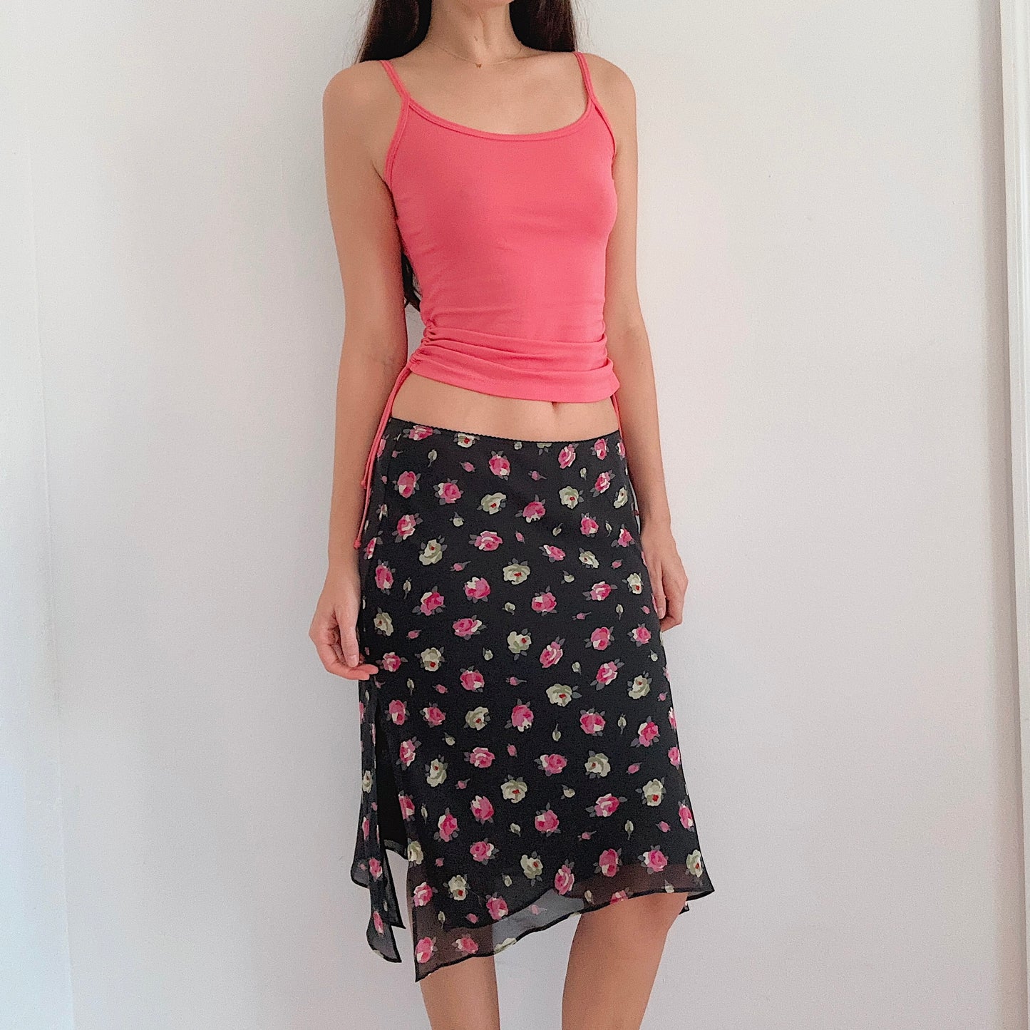 Y2K Black & Pink Floral Midi Skirt / SZ S