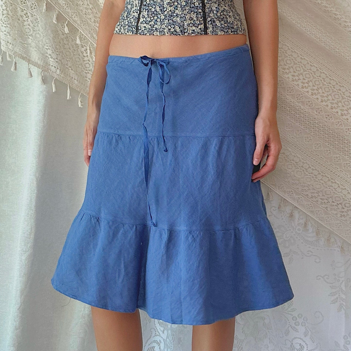 Y2K Blue Linen Tiered Midi Skirt / SZ M/L