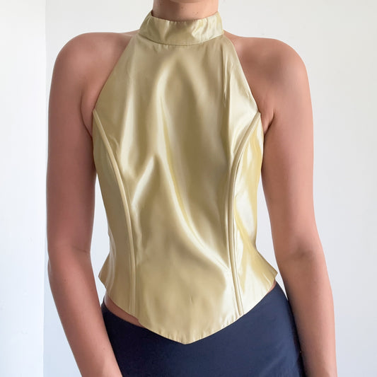 90's Tea Green Taffeta High Neck Top / SZ 8