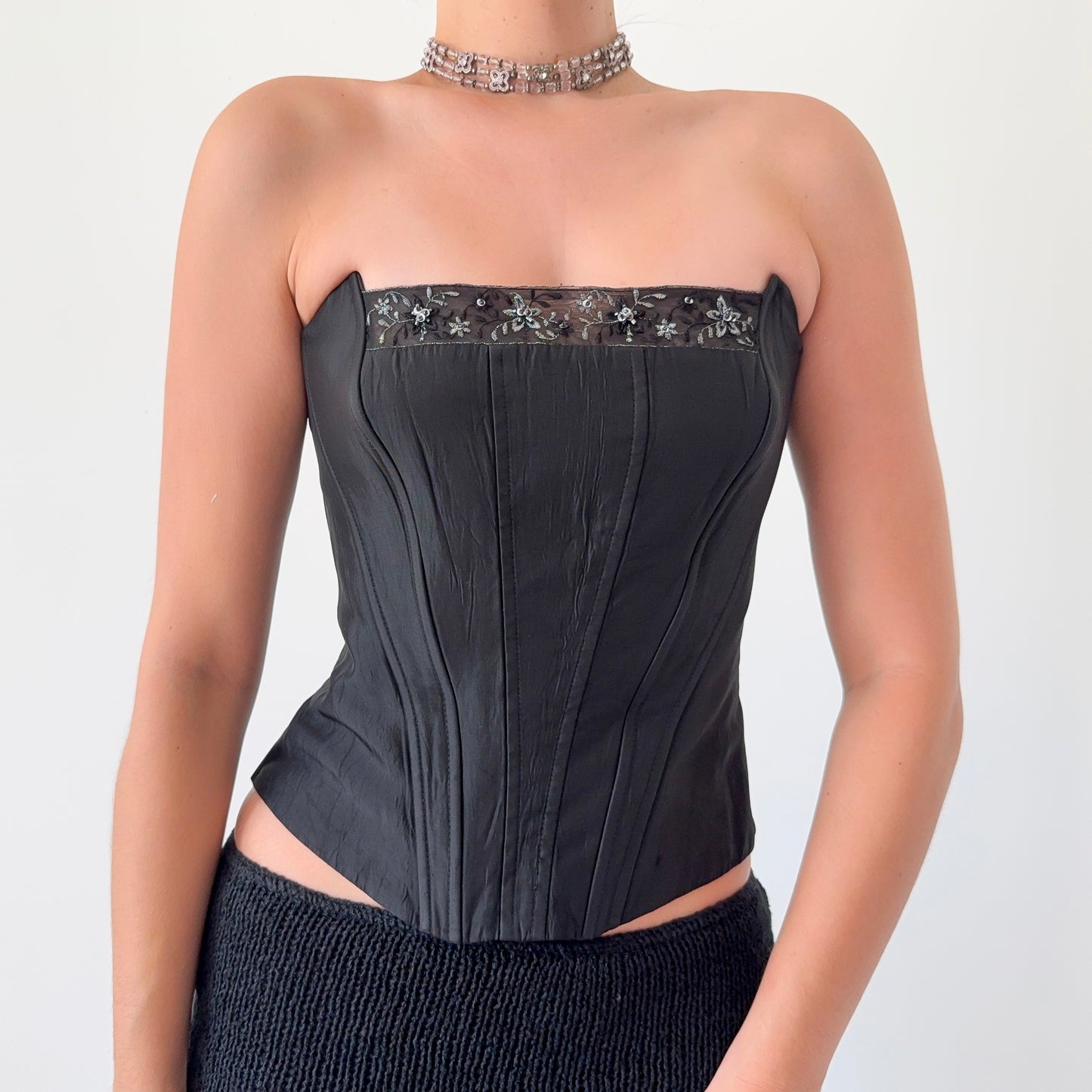 Y2K Black Shiny Embroidered Bustier / SZ 6