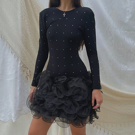 80's Black Diamond Ruffle Dress / SZ XS/S