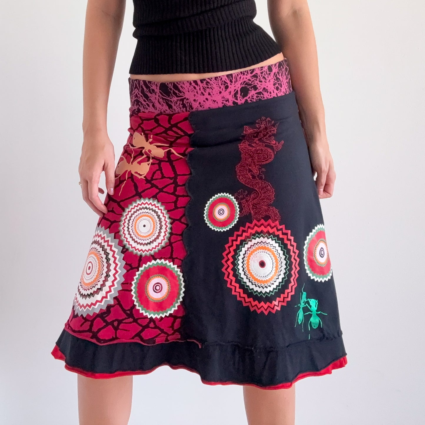 Y2K Desigual Red & Black Ant Midi Skirt / SZ S-M