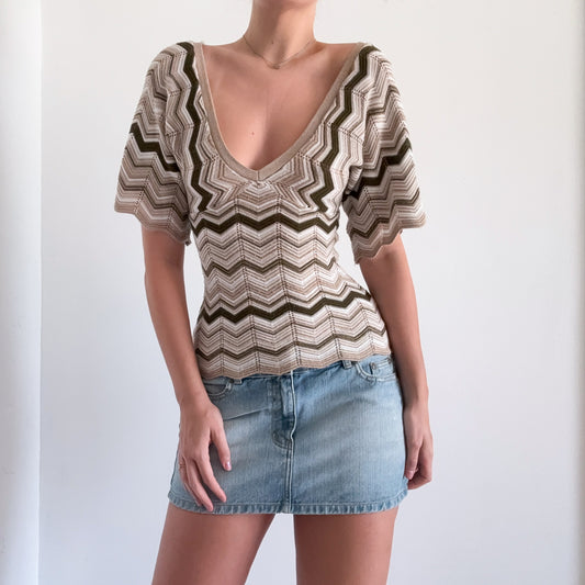 Y2K Tan & Army Chevron Knit Top / SZ S