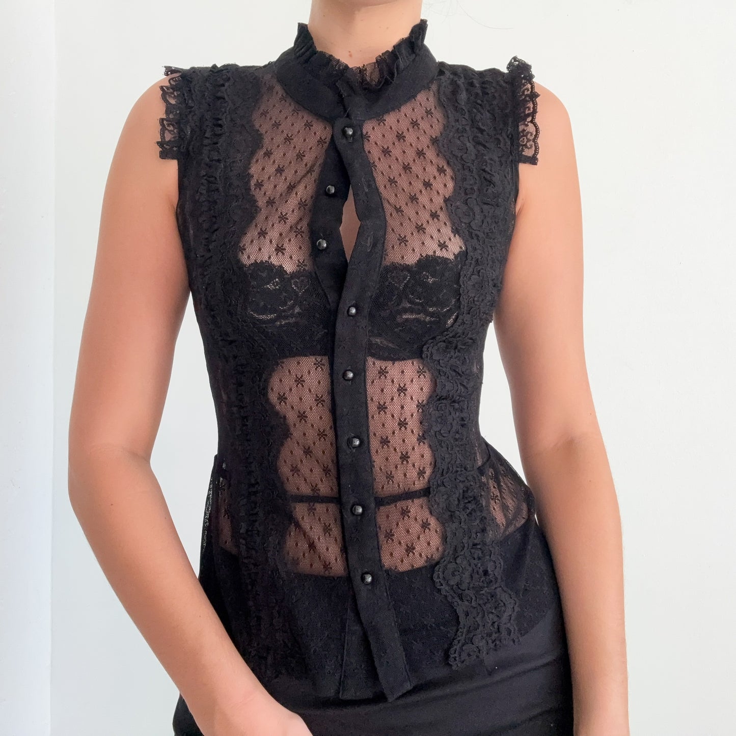 Y2K Black Lace Button Up Blouse / SZ XS/S