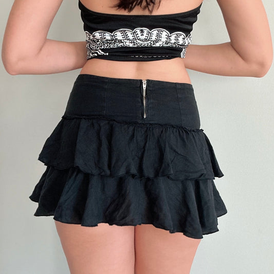 Y2K Black Linen Tiered Mini Skirt / SZ XS/S