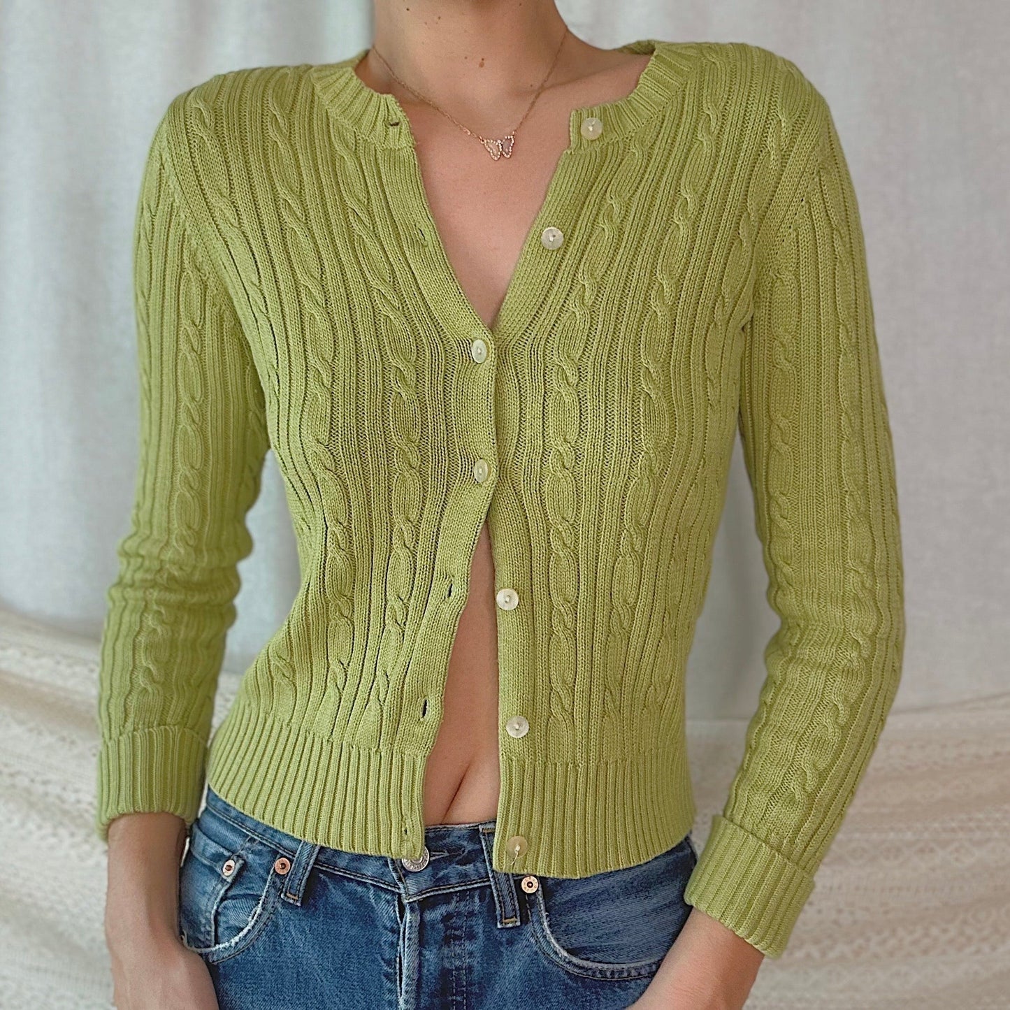 Y2K Green Cable Knit Cardigan / SZ S