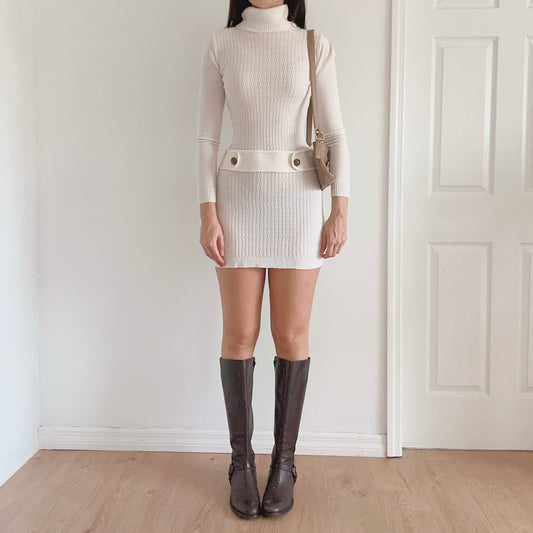 Y2K Ivory Knit Turtleneck Sweater Dress / SZ S