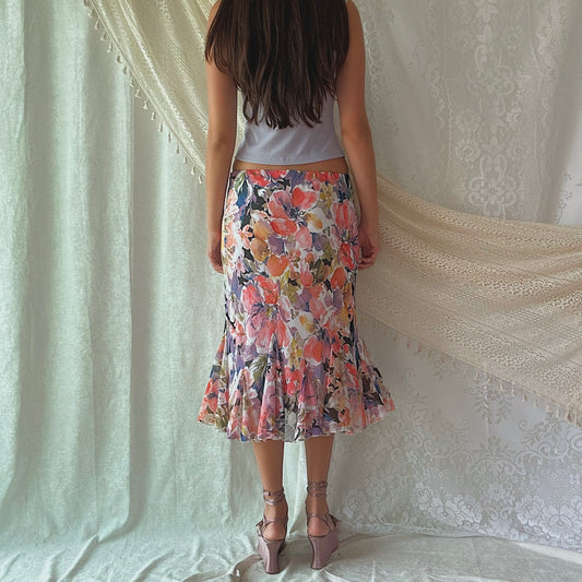 Y2K Purple & Pink Floral Midi Skirt / SZ M