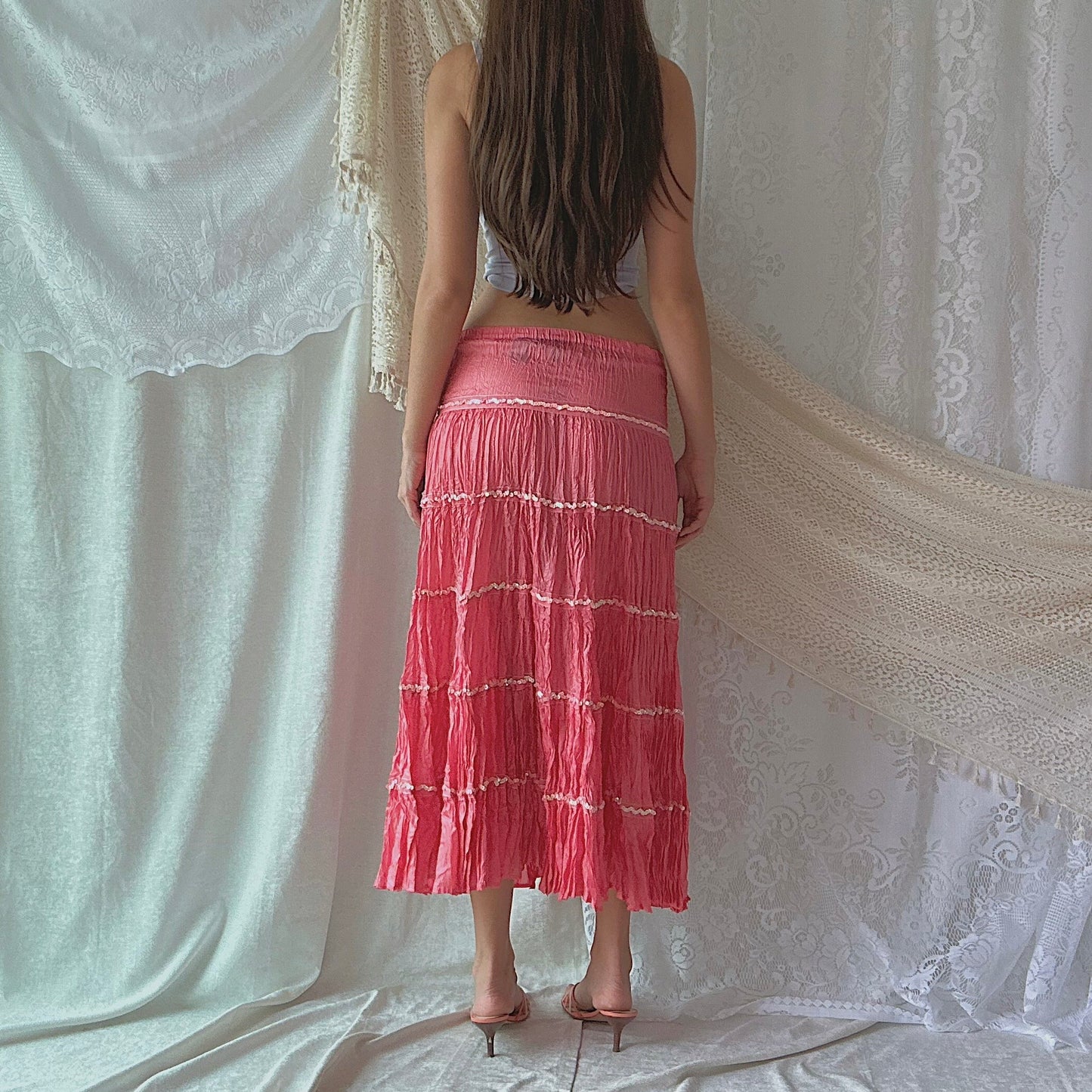 Y2K Hot Pink Crinkle Pleat Maxi Skirt / SZ S-M