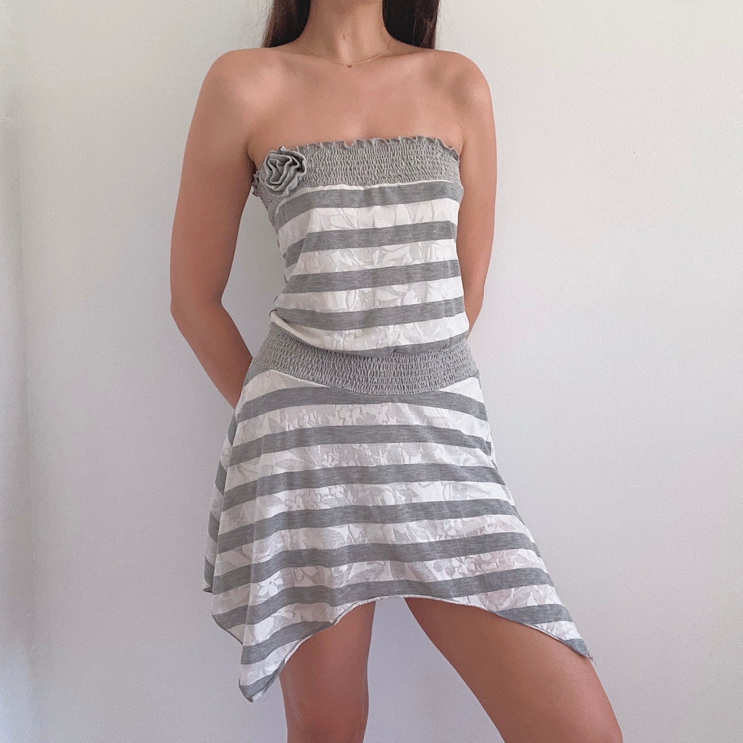 Y2K Grey & White Striped Tube Dress / SZ M