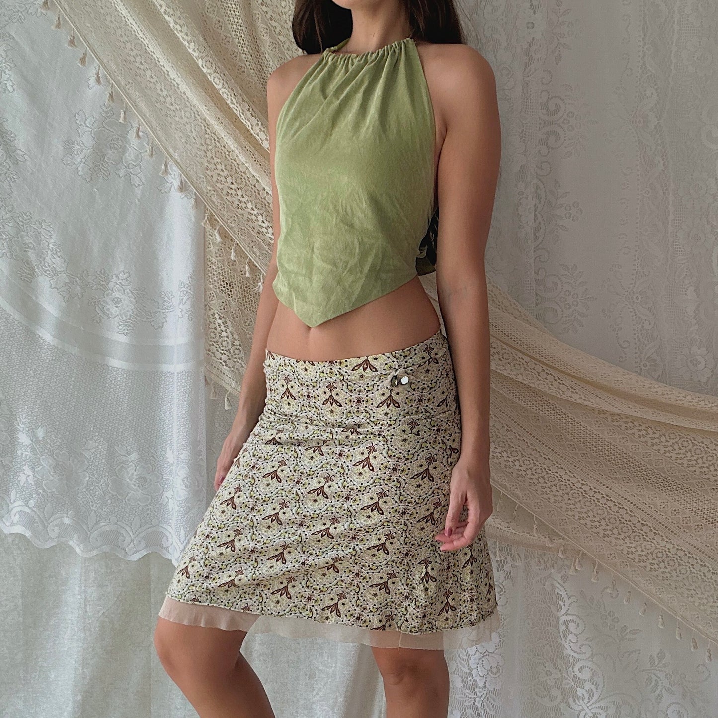 Y2K Green & Brown Printed Midi Skirt / SZ XS/S