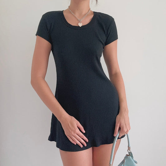 Y2K Black Ribbed T-Shirt Dress / SZ S/M