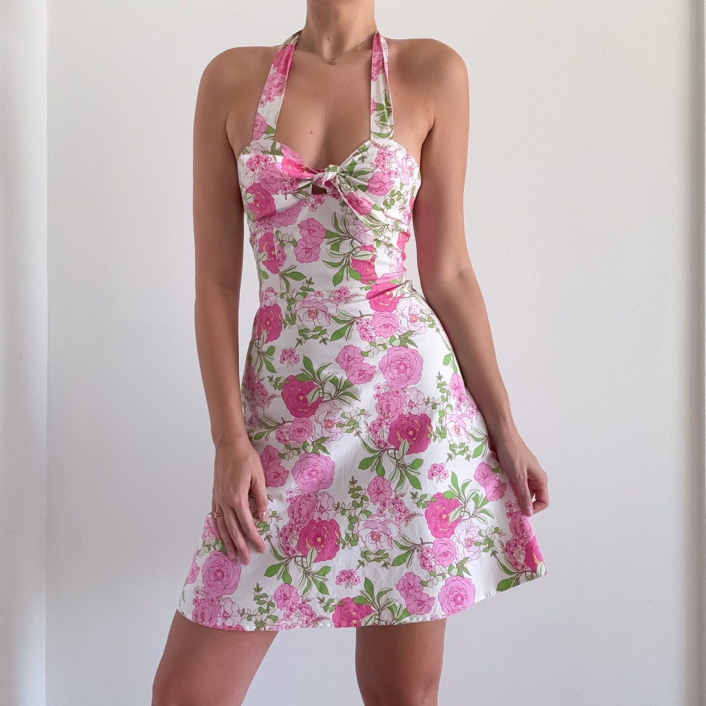 Y2K Pink & Green Floral Halter Dress / SZ S