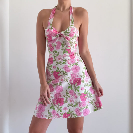 Y2K Pink & Green Floral Halter Dress / SZ S