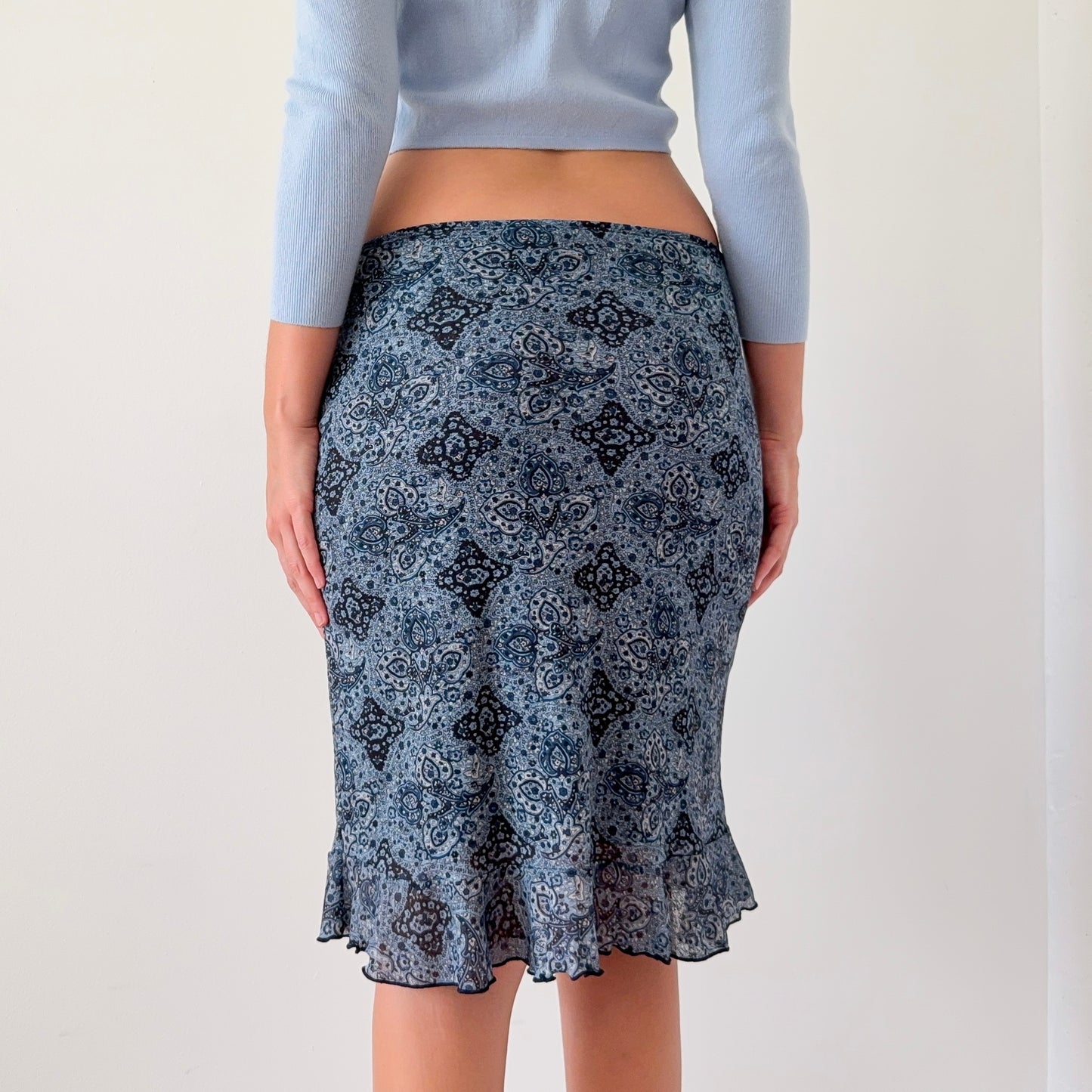 Y2K Stone Blue Paisley Mesh Midi Skirt / SZ M