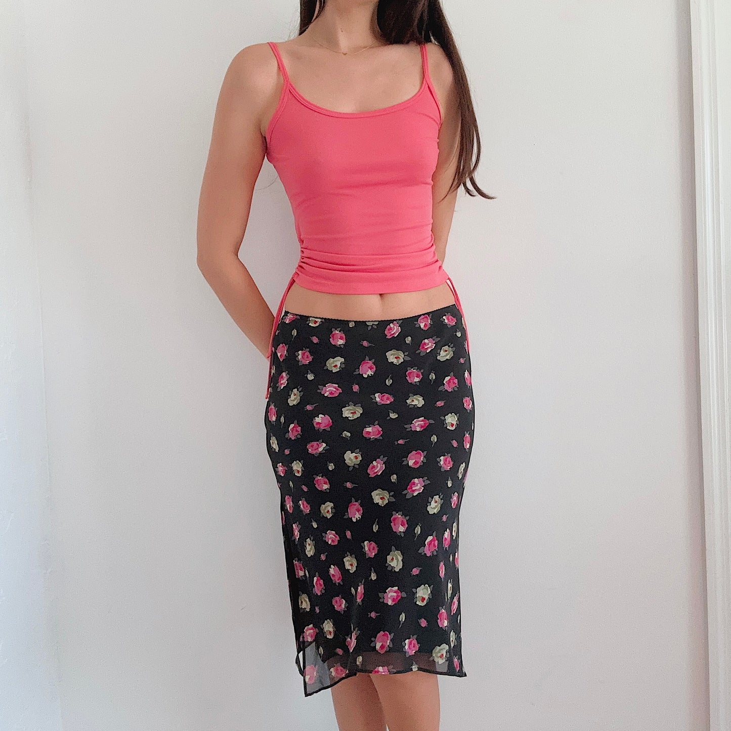 Y2K Black & Pink Floral Midi Skirt / SZ S