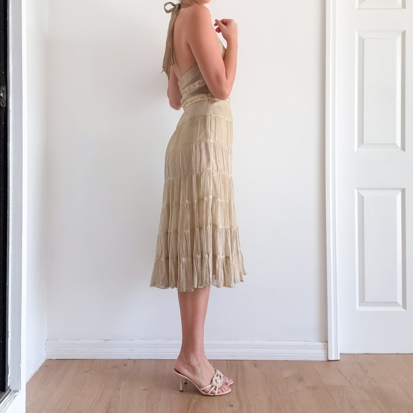 Y2K Cache Gold Beaded Halter Midi Dress / SZ 4