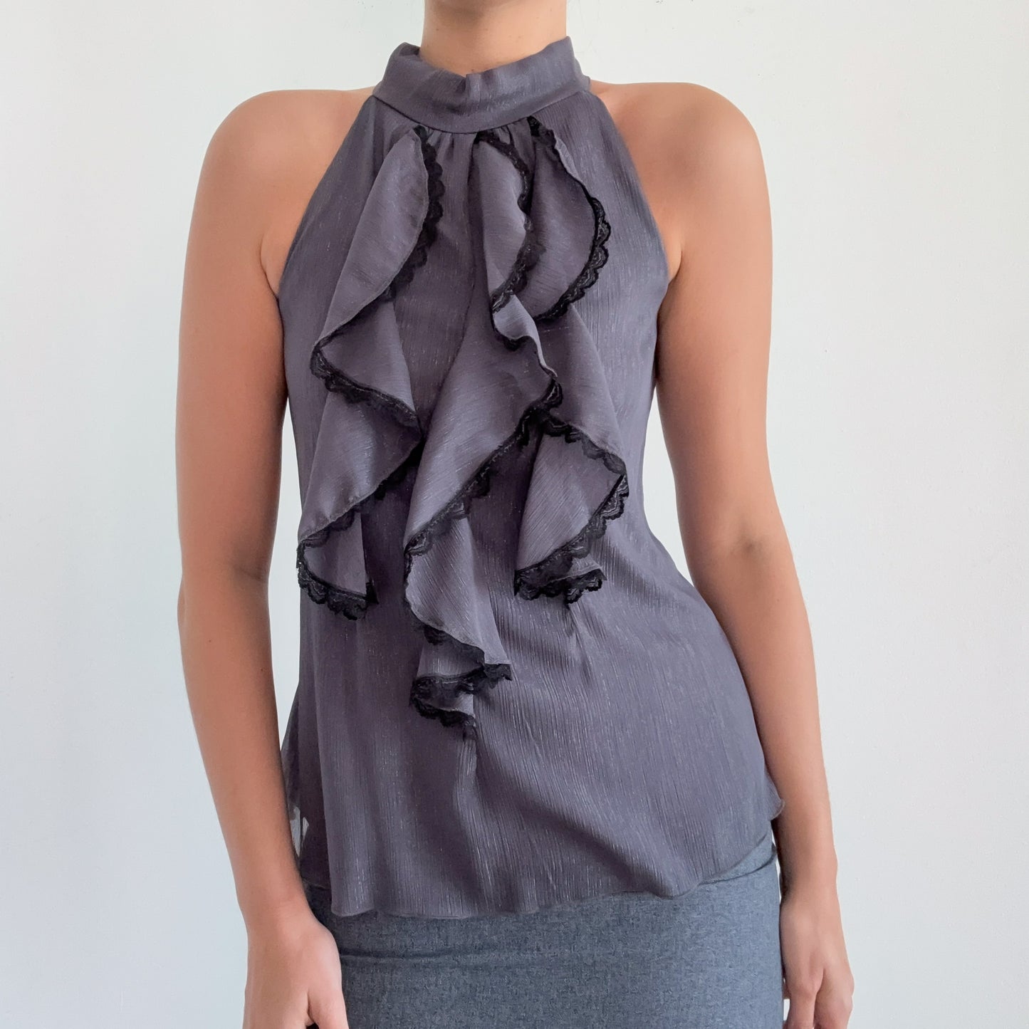 Y2K Grey Metallic Ruffle Lace Blouse / SZ M
