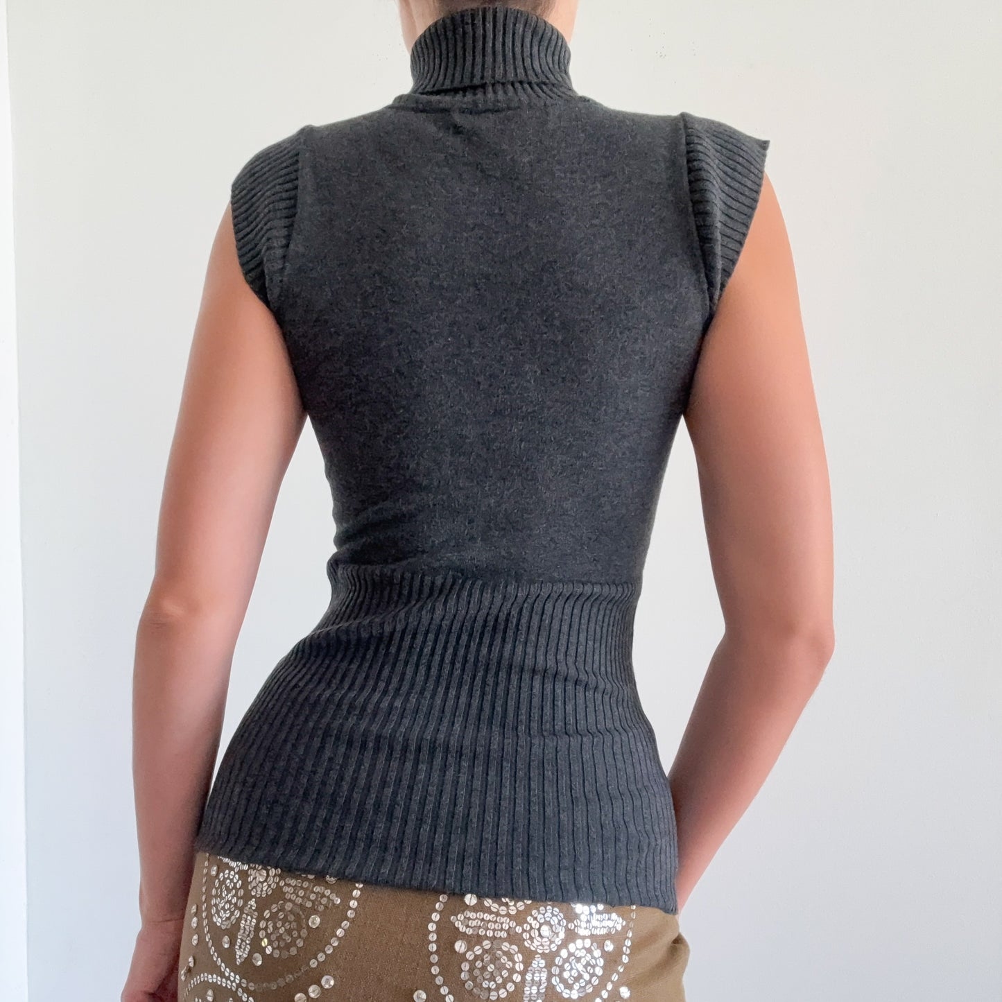 Y2K Grey Cap Sleeve Knit Turtleneck / SZ S