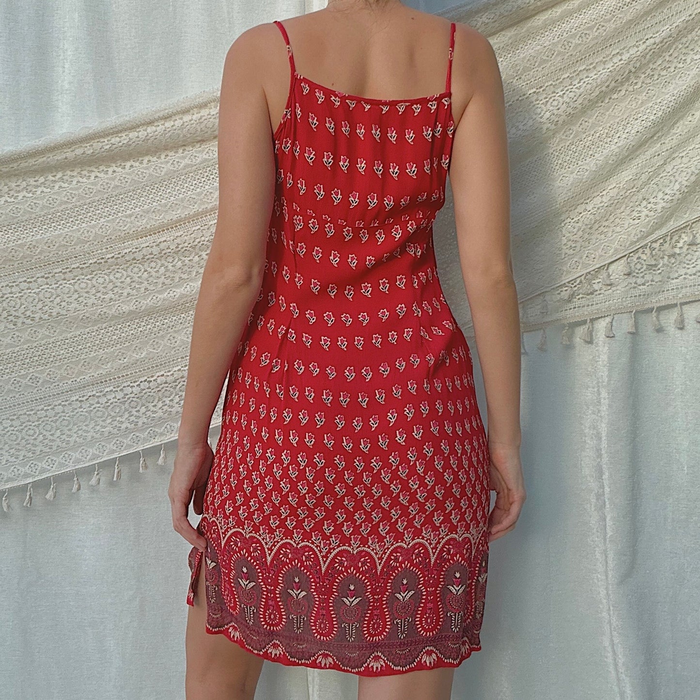 90's Red Printed Rayon Midi Dress / SZ S