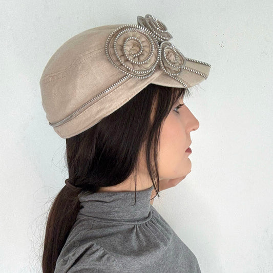 Y2K Beige Zipper Rosette Linen Cap