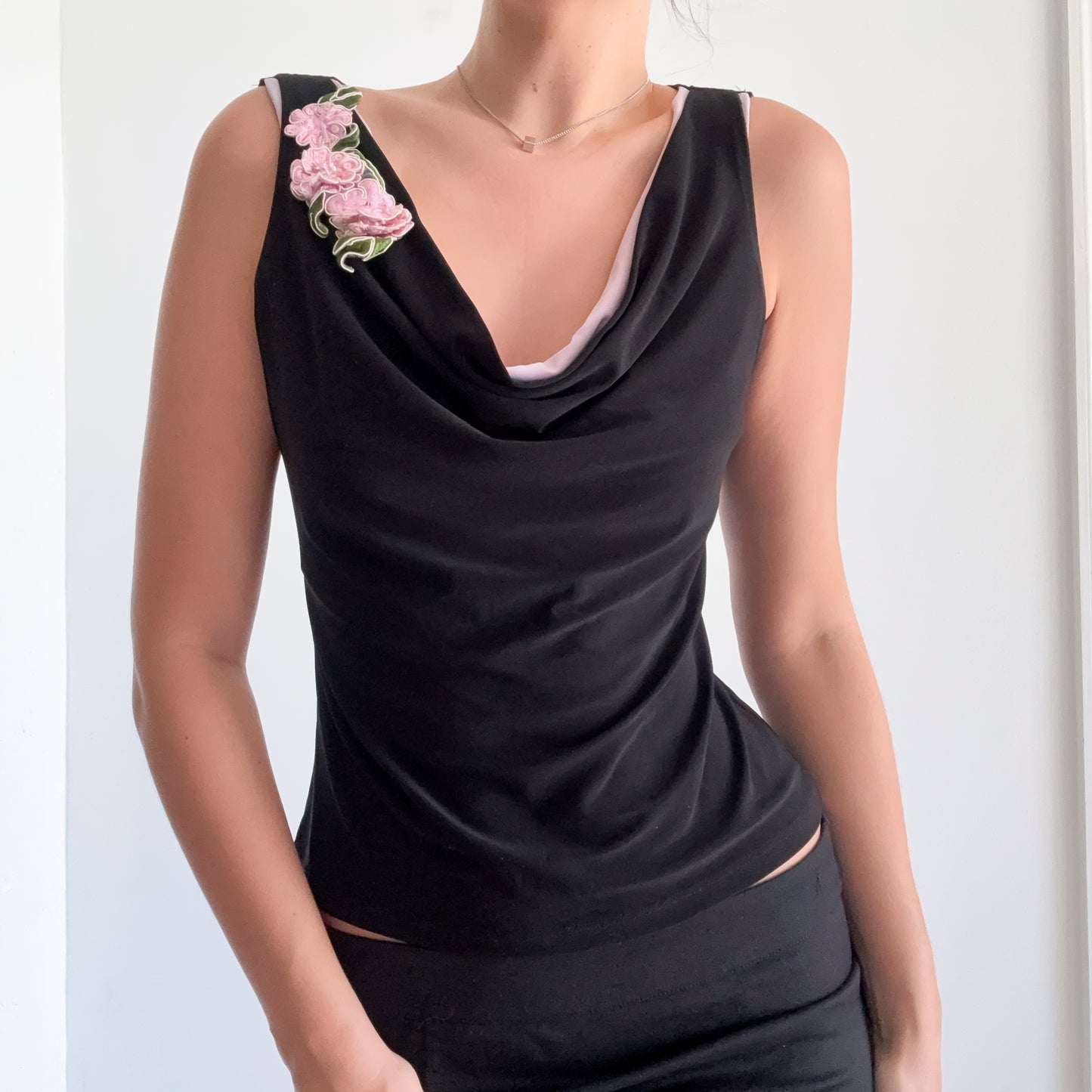 Y2K Black & Pink Floral Draped Top / SZ M-L