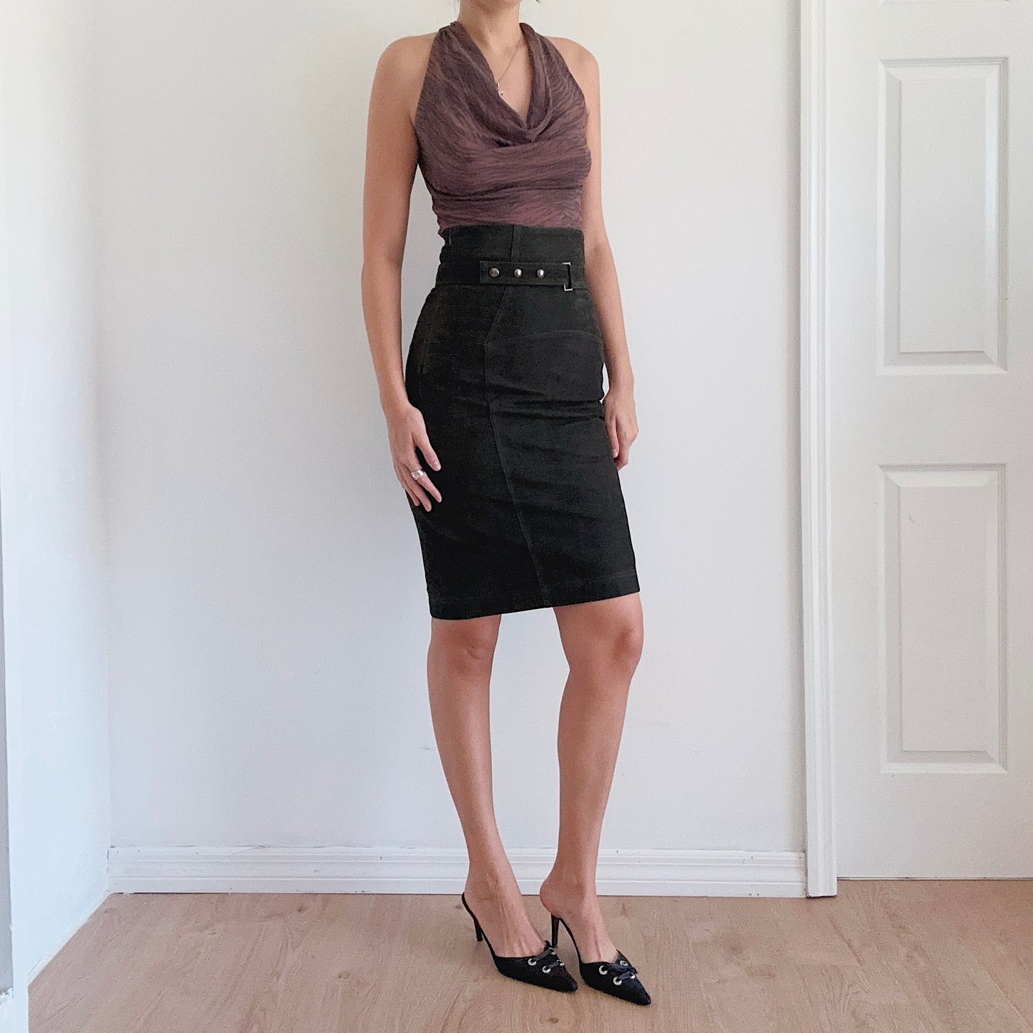 Y2K Patrizia Pepe Dark Green Suede Pencil Skirt / SZ 4