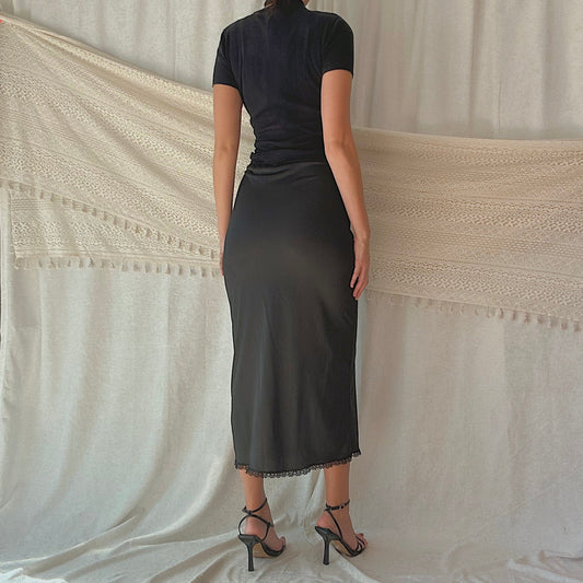 80's Black Maxi Slip Skirt / SZ XS-S