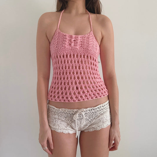 Y2K Bubblegum Pink Crochet Halter Top / SZ S