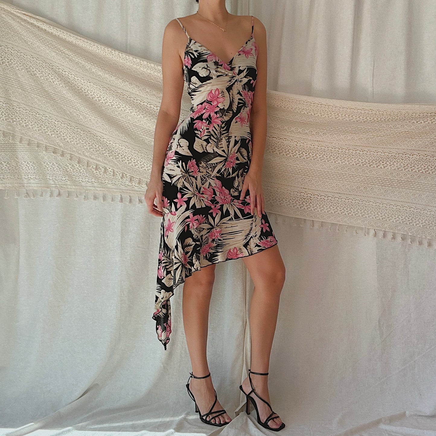Y2K Cream & Pink Tropical Asymmetric Dress / SZ M