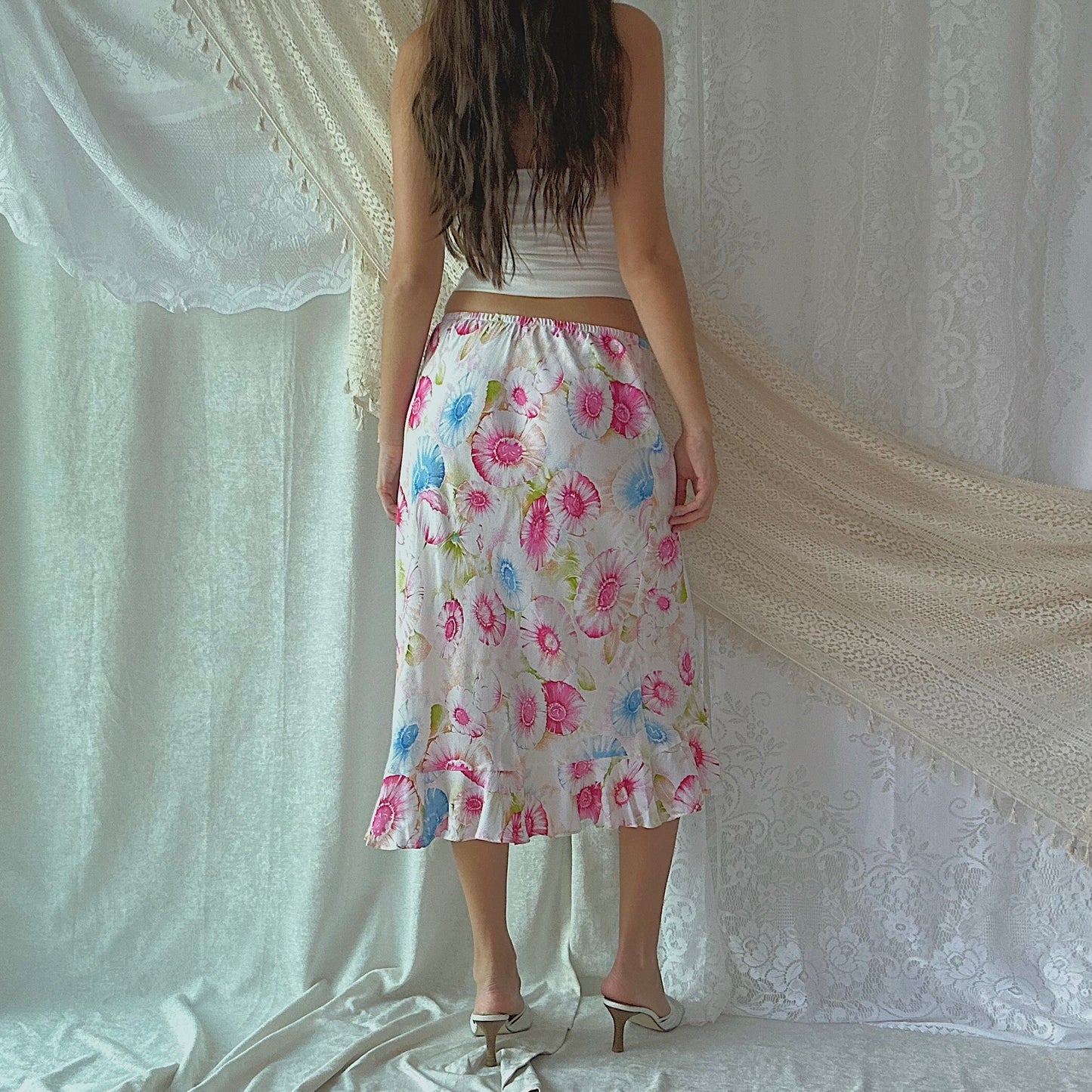 Y2K White & Hot Pink Floral Maxi Skirt / SZ M