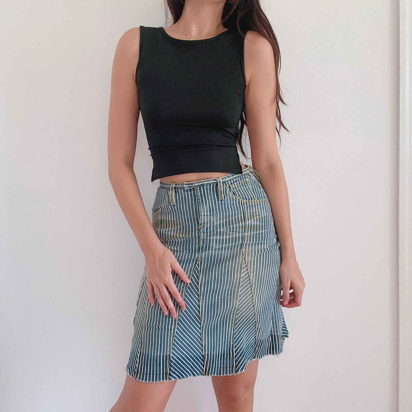 Y2K Bebe Denim Striped Midi Skirt / SZ 2