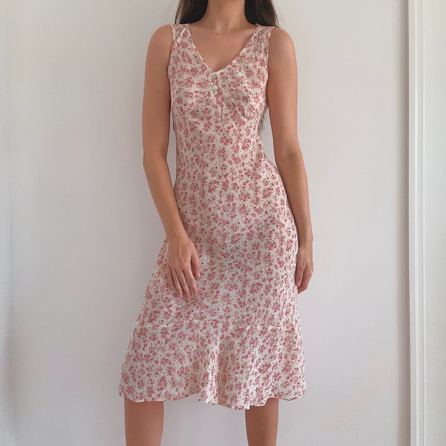 Y2K Cream & Pink Floral Rayon Midi Dress / SZ S