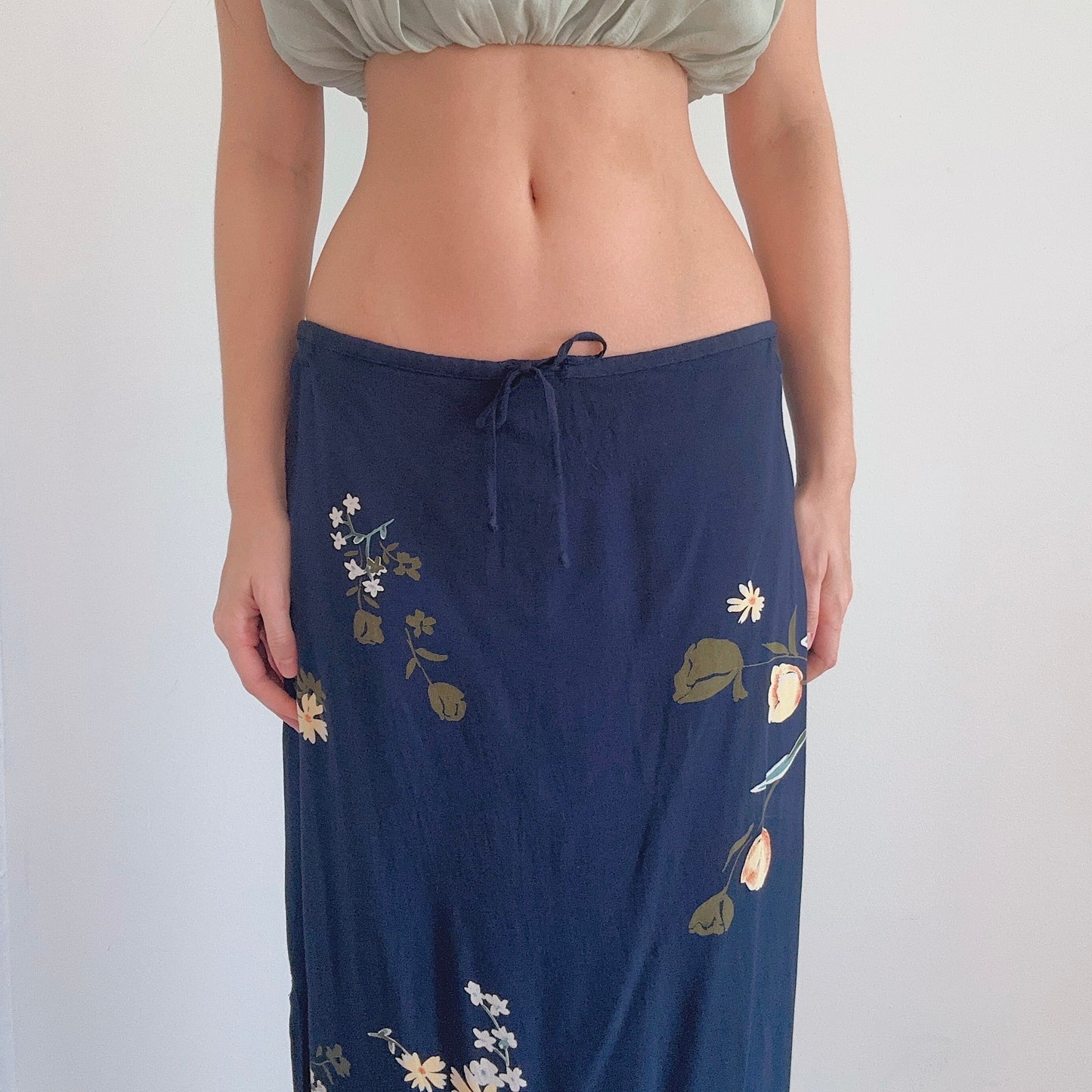 Y2K Navy Floral Rayon Maxi Skirt / SZ M