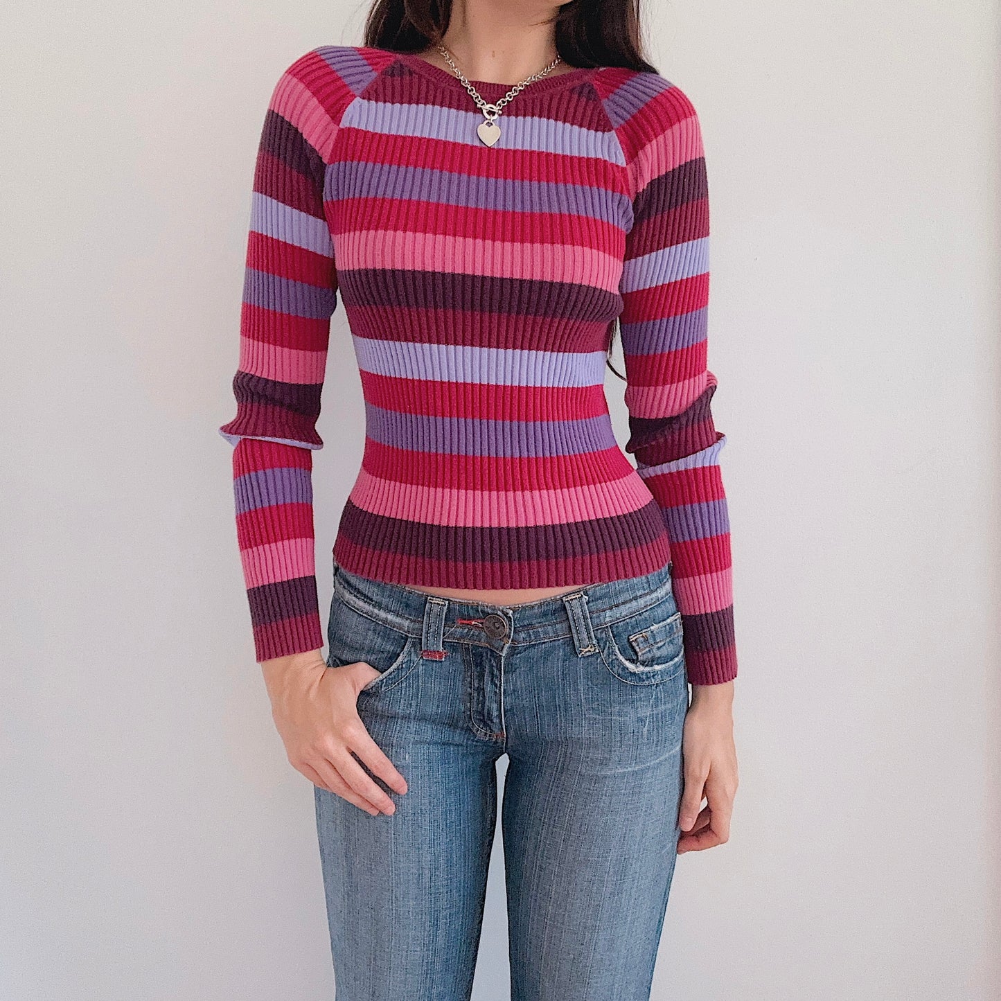 Y2K Purple & Pink Striped Sweater / SZ M