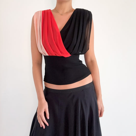 Y2K Black & Coral Pleated Chiffon Blouse / SZ S