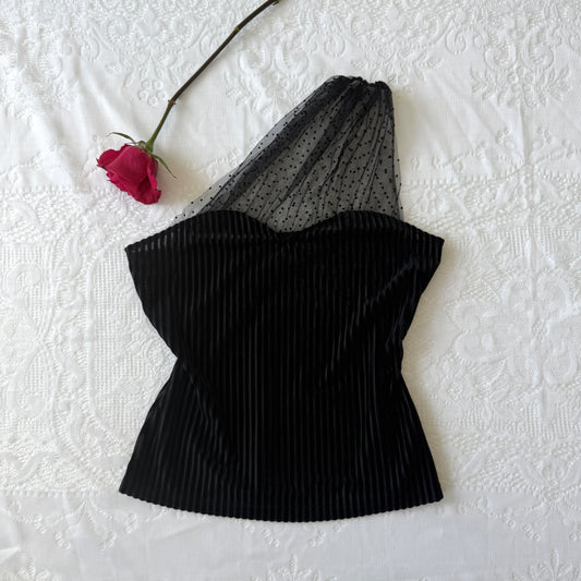 Black Velvet Polka Dot One Shoulder Top / SZ M