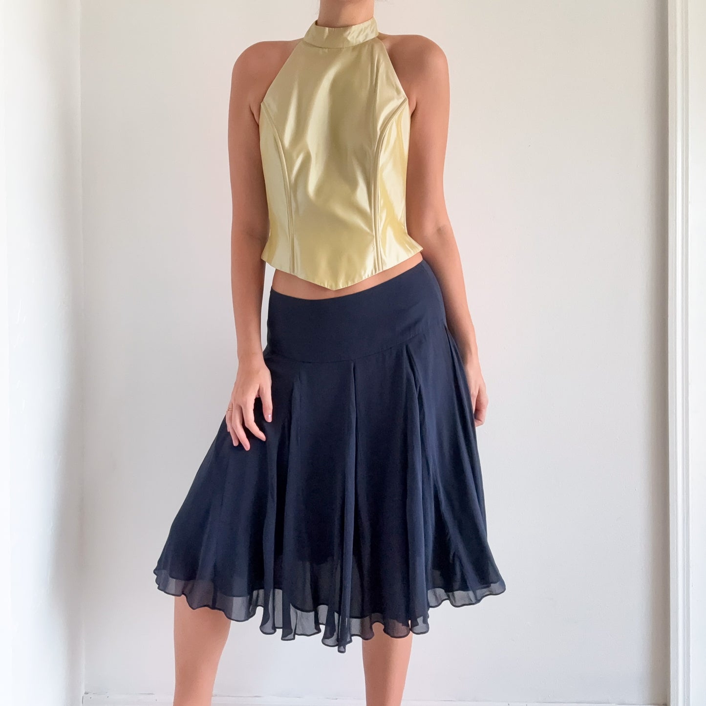 Y2K Navy Silk Midi Skirt / SZ M