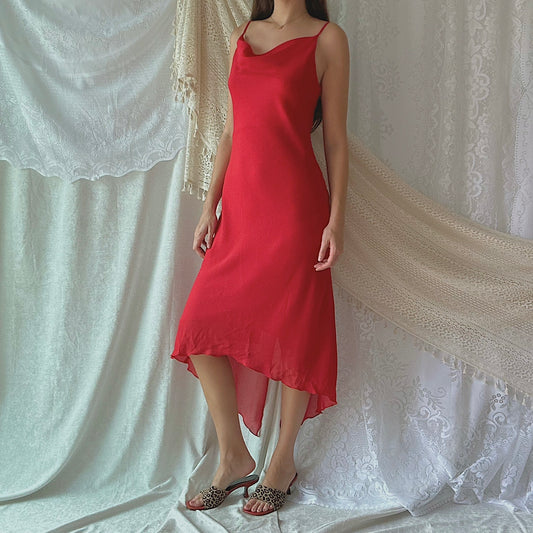 90's Red Chiffon Draped Dress / SZ M
