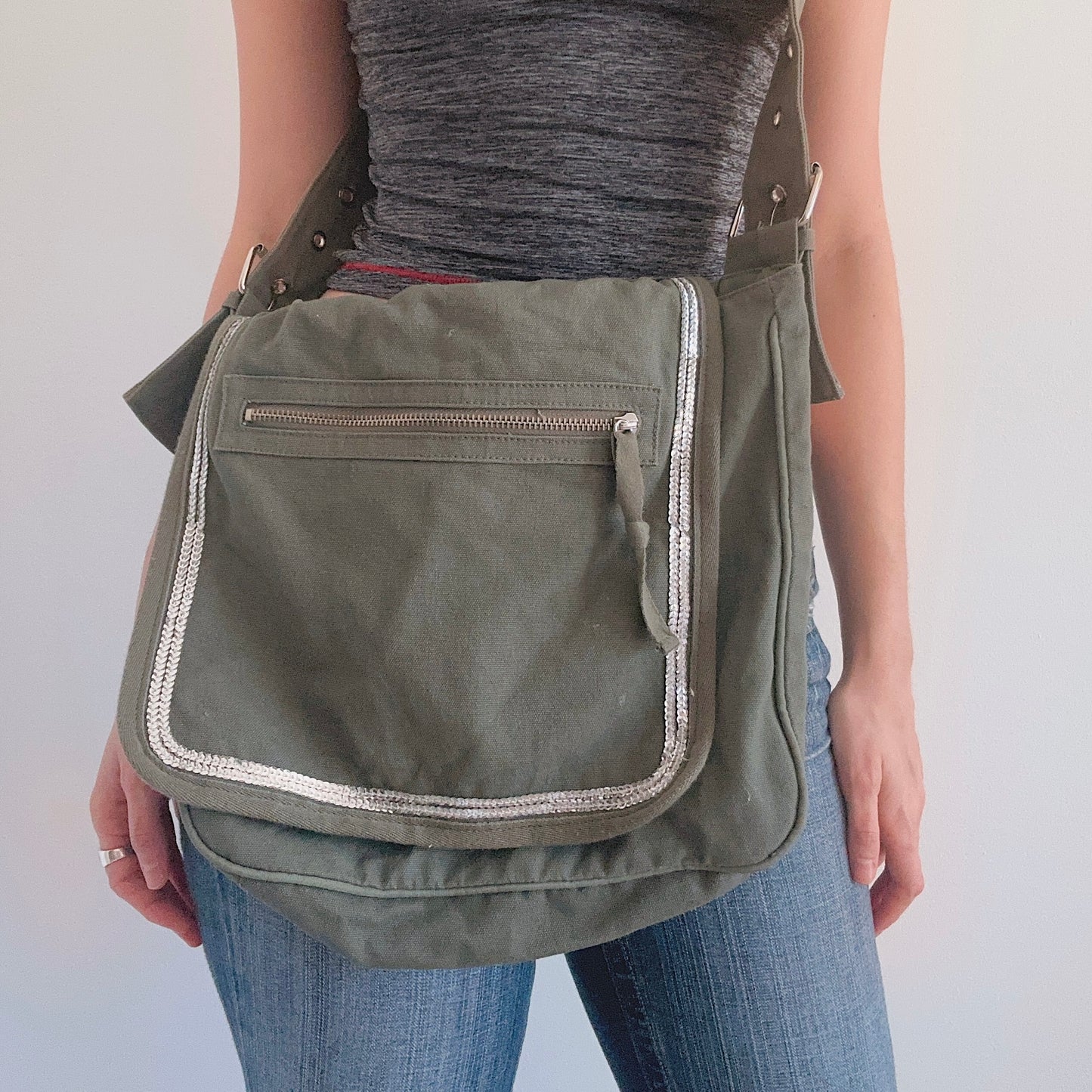 Y2K Olive Sequin Messenger Bag