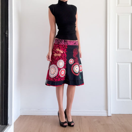 Y2K Desigual Red & Black Ant Midi Skirt / SZ S-M