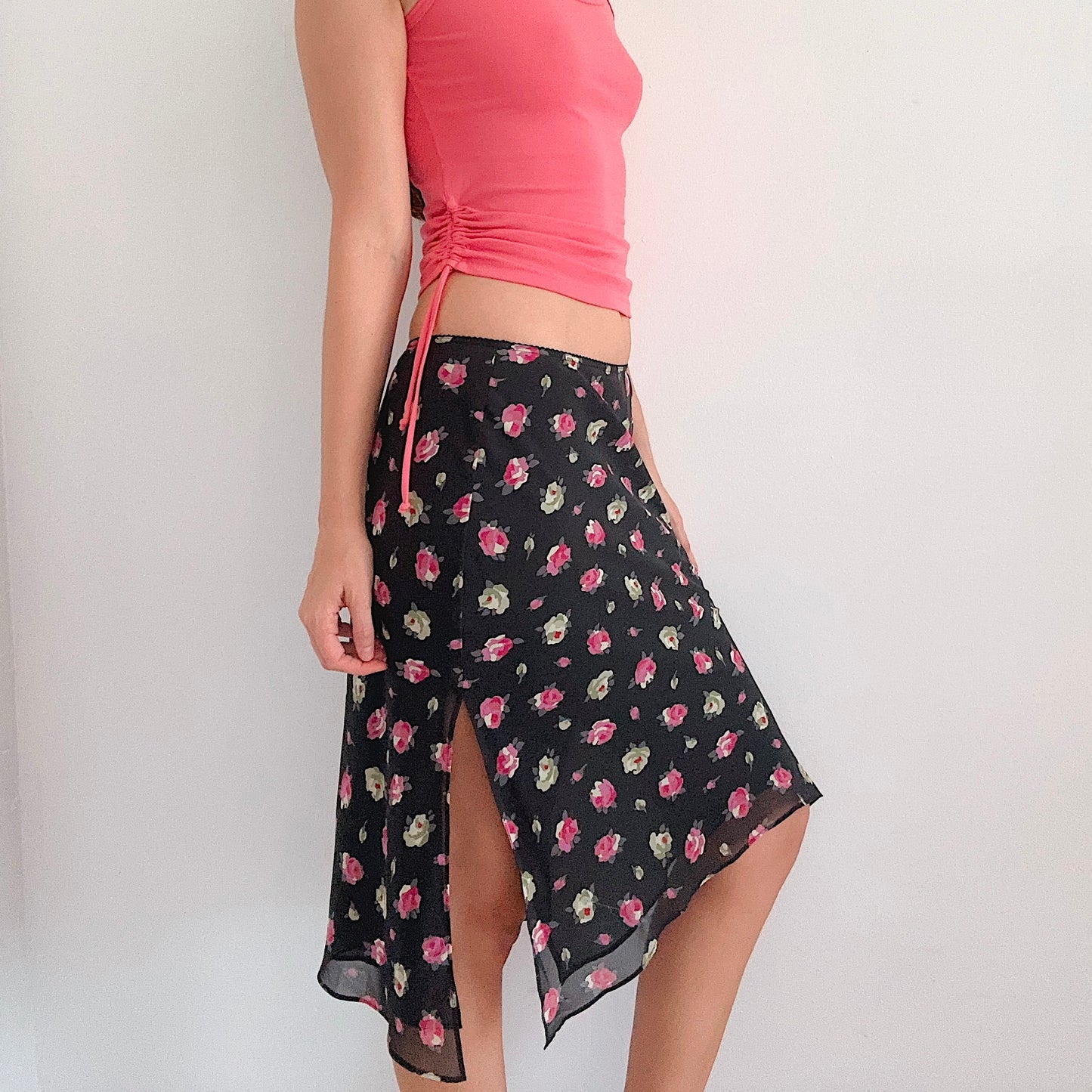 Y2K Black & Pink Floral Midi Skirt / SZ S