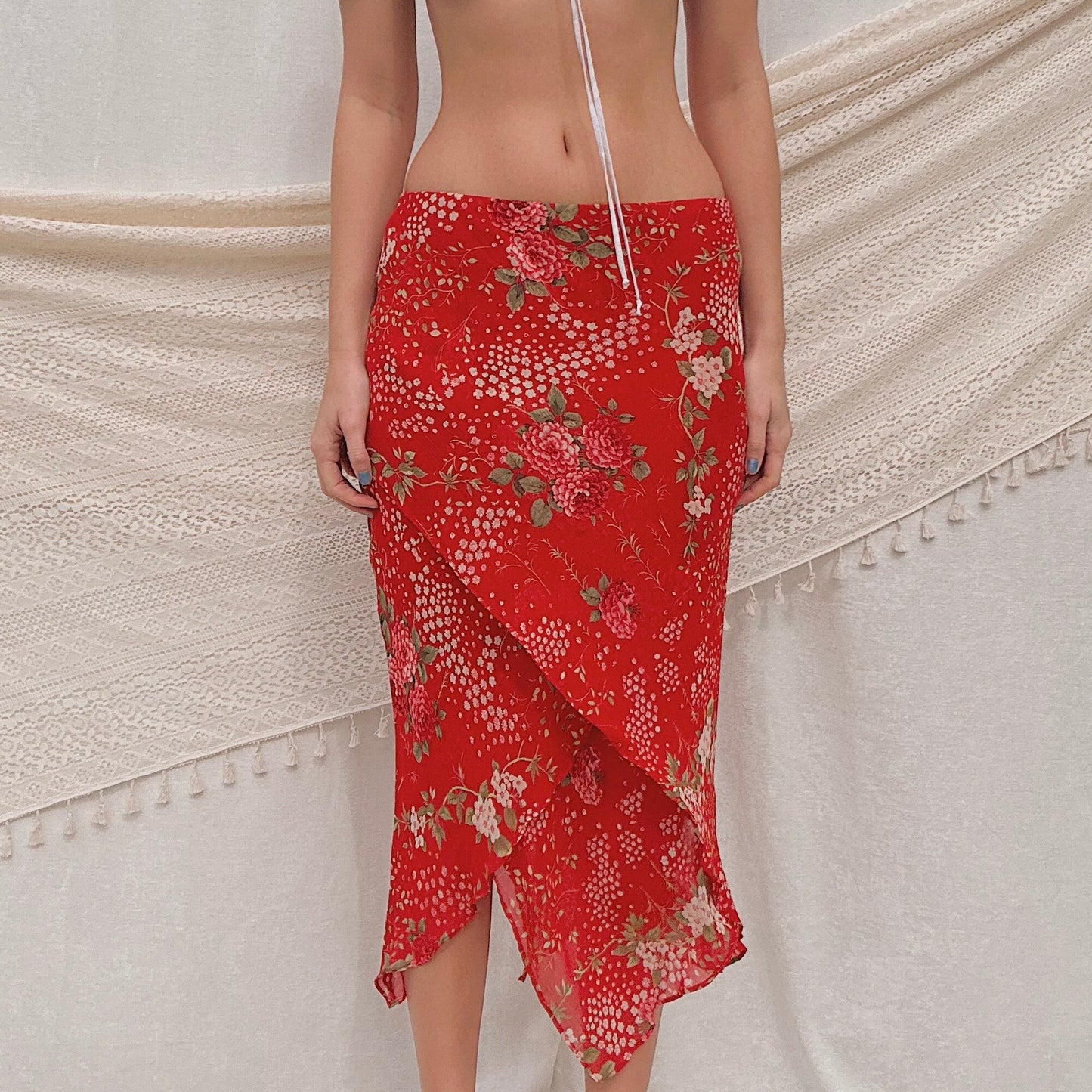 Y2K Red Floral Rayon Midi Skirt / SZ S-M