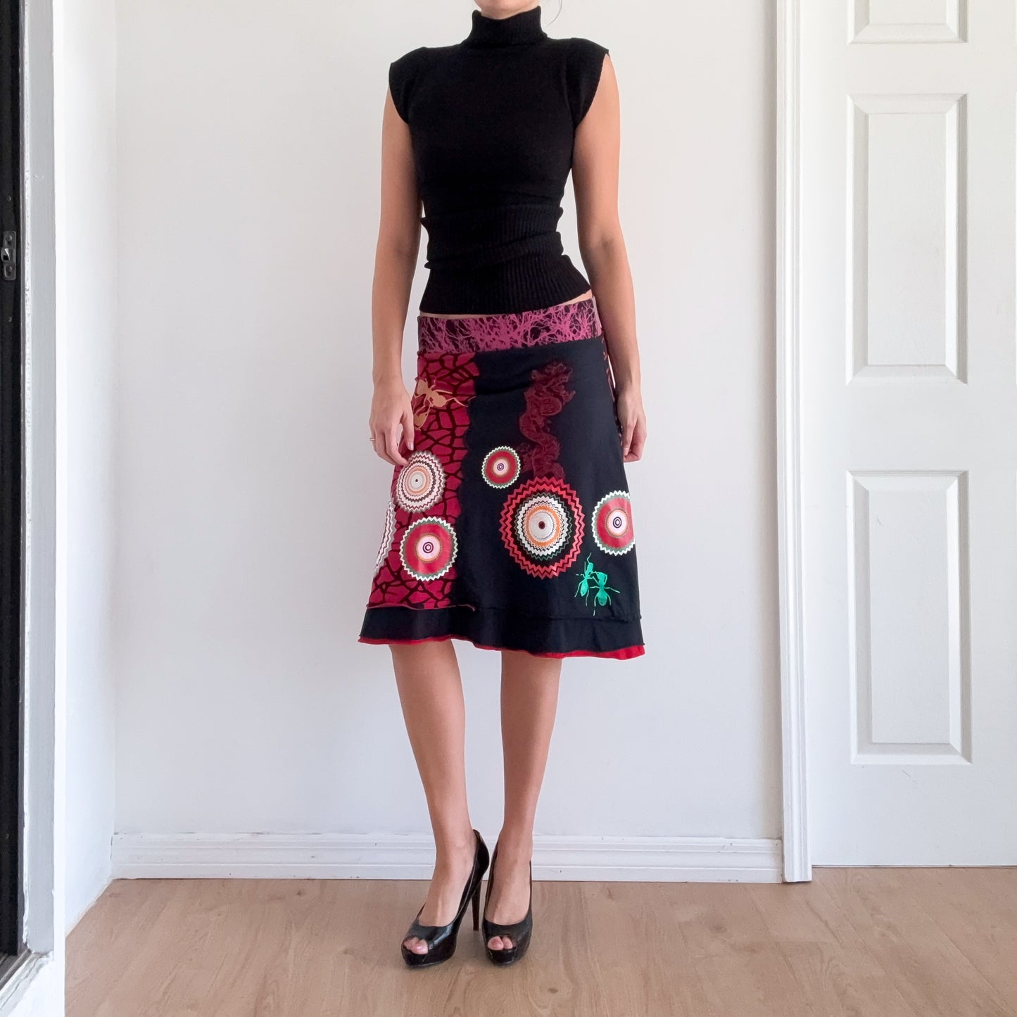 Y2K Desigual Red & Black Ant Midi Skirt / SZ S-M