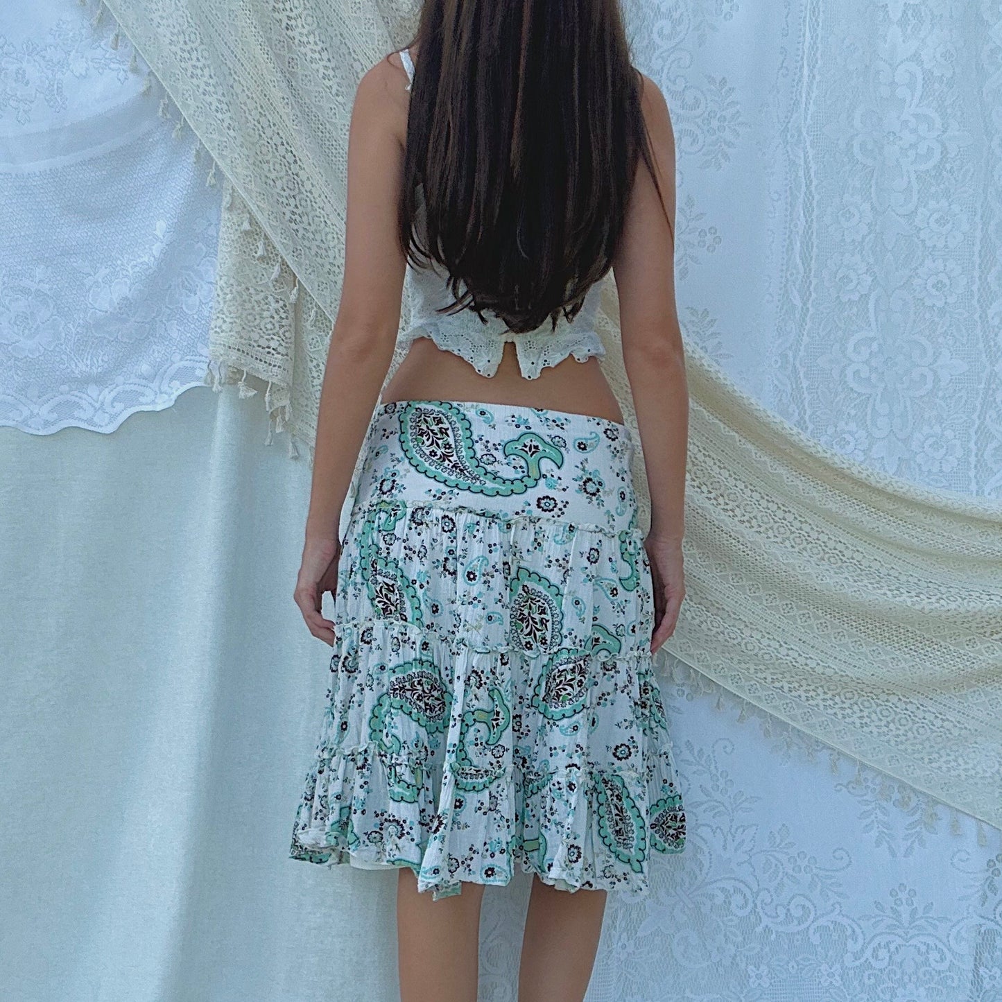 Y2K Turquoise & Brown Floral Midi Skirt / SZ M-L
