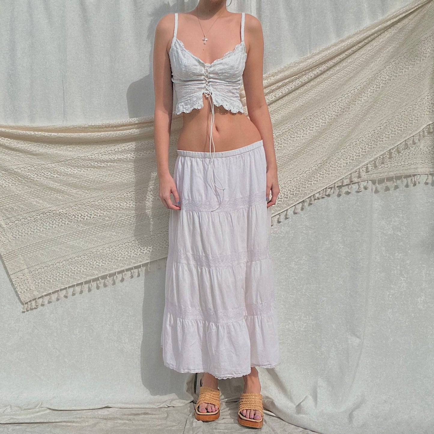 Y2K Off-White Cotton Lace Maxi Skirt / SZ M-L