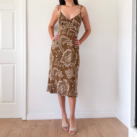 Y2K Brown Silk Printed Midi Dress / SZ 8