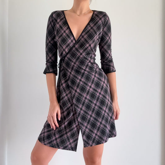Y2K Black & Pink Plaid Wrap Dress / SZ S