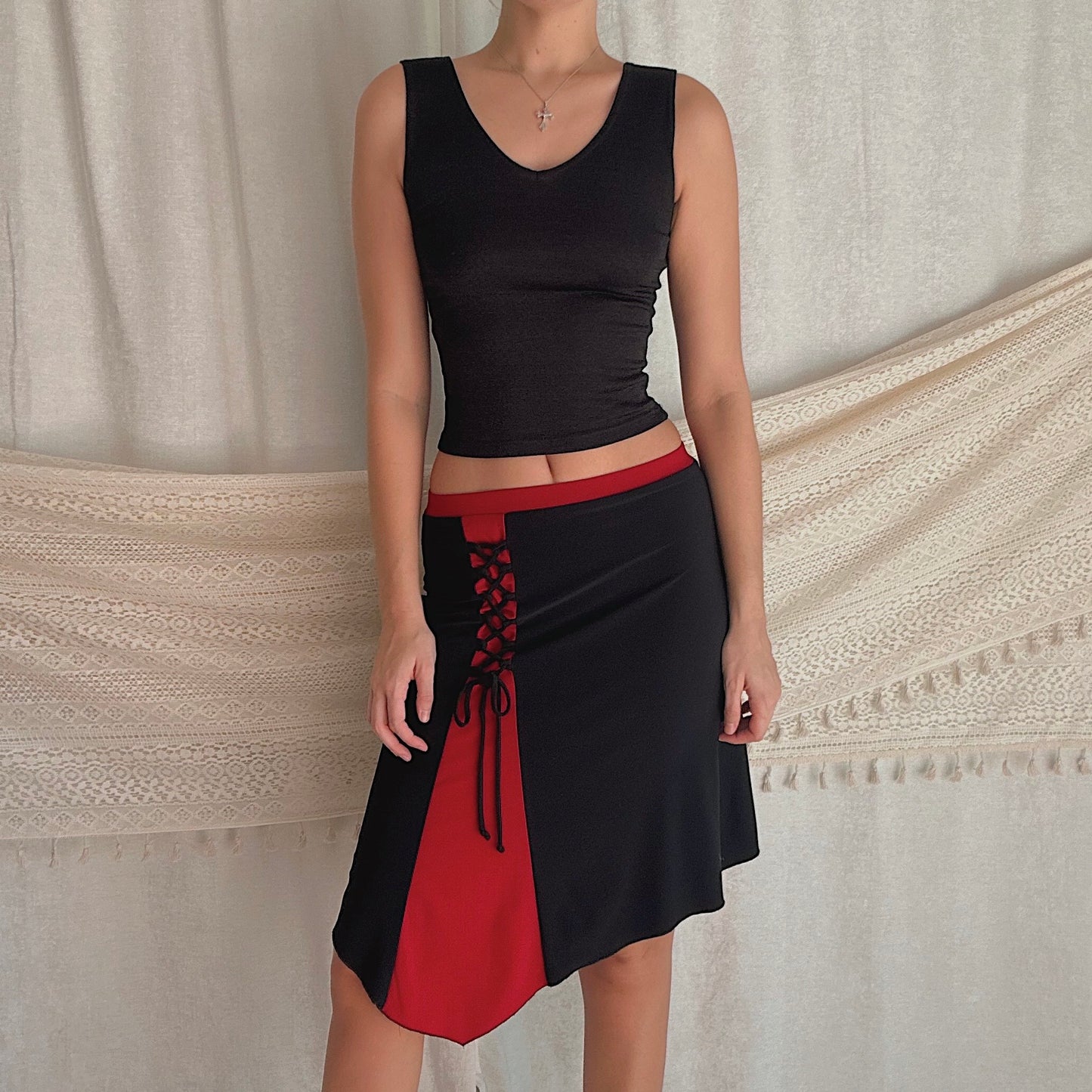 Y2K Black & Red Lace Up Midi Skirt / SZ S