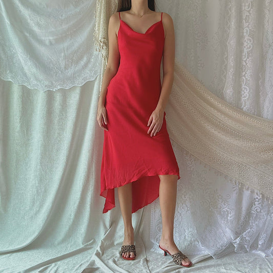 90's Red Chiffon Draped Dress / SZ M